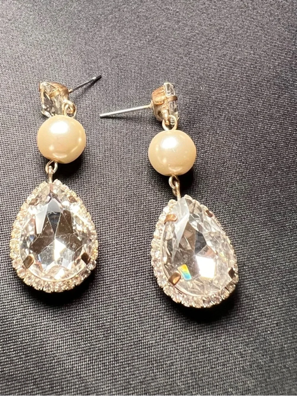 Silver Tone Pearl & Crystal Teardrop Drop Earrings Statement Bridal